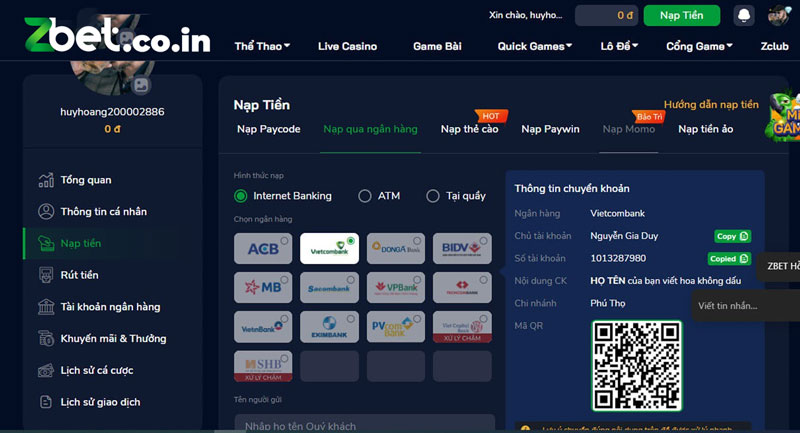phương thức nạp tiền Zbet